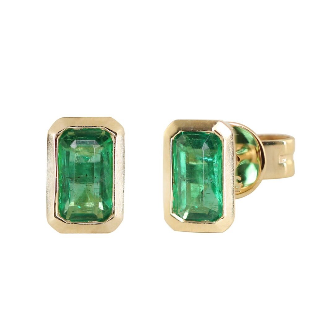 925 Sterling Silver Emerald Cut Emerald Bezel Stud Earrings