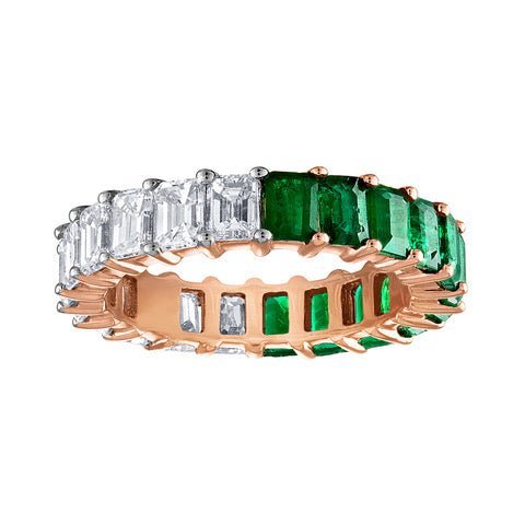 925 Sterling Silver Emerald Cut Emerald / Diamond Eternity Band