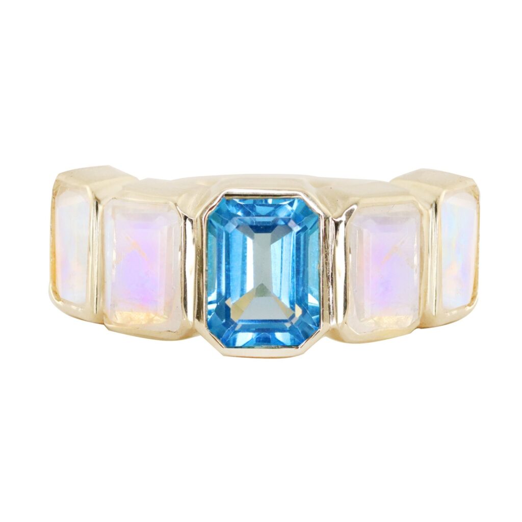 925 Sterling Silver Emerald Cut Moonstone and Blue Topaz Ring