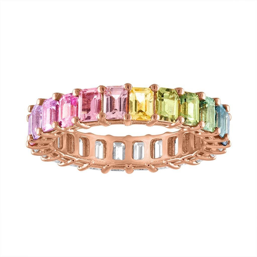 925 Sterling Silver Emerald Cut Multicolor Diamond Eternity Band