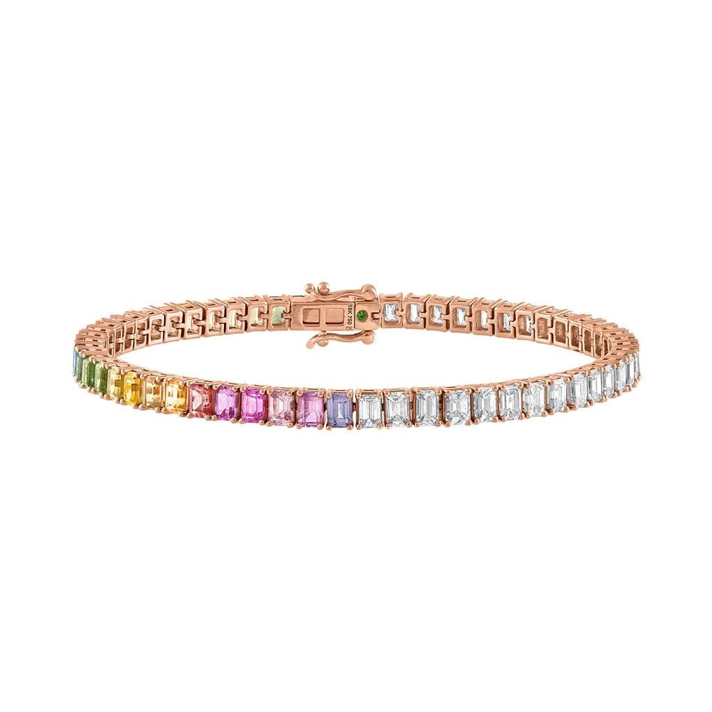 925 Sterling Silver Emerald Cut Multicolor Sapphire Diamond Tennis Bracelet