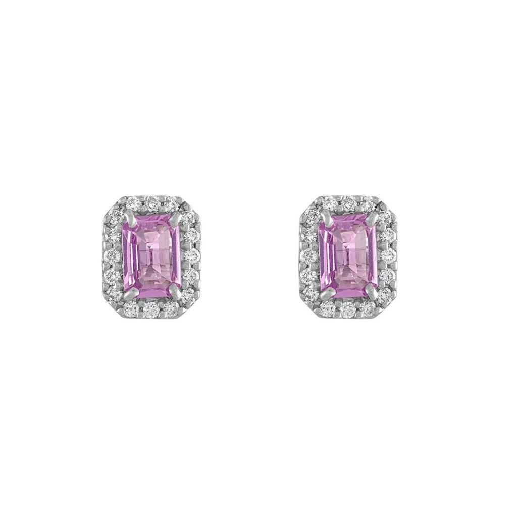 925 Sterling Silver Emerald Cut Pink Sapphire Diamond Stud Earrings
