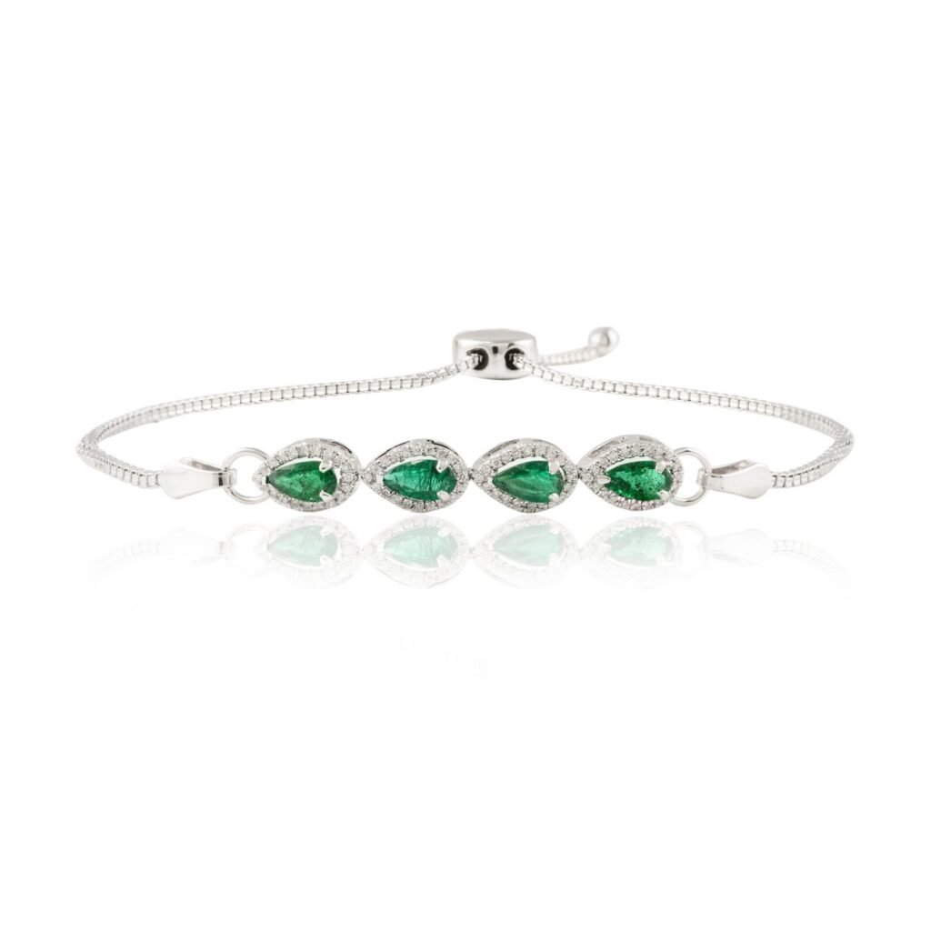 925 Sterling Silver Emerald Diamond Adjustable Bracelet