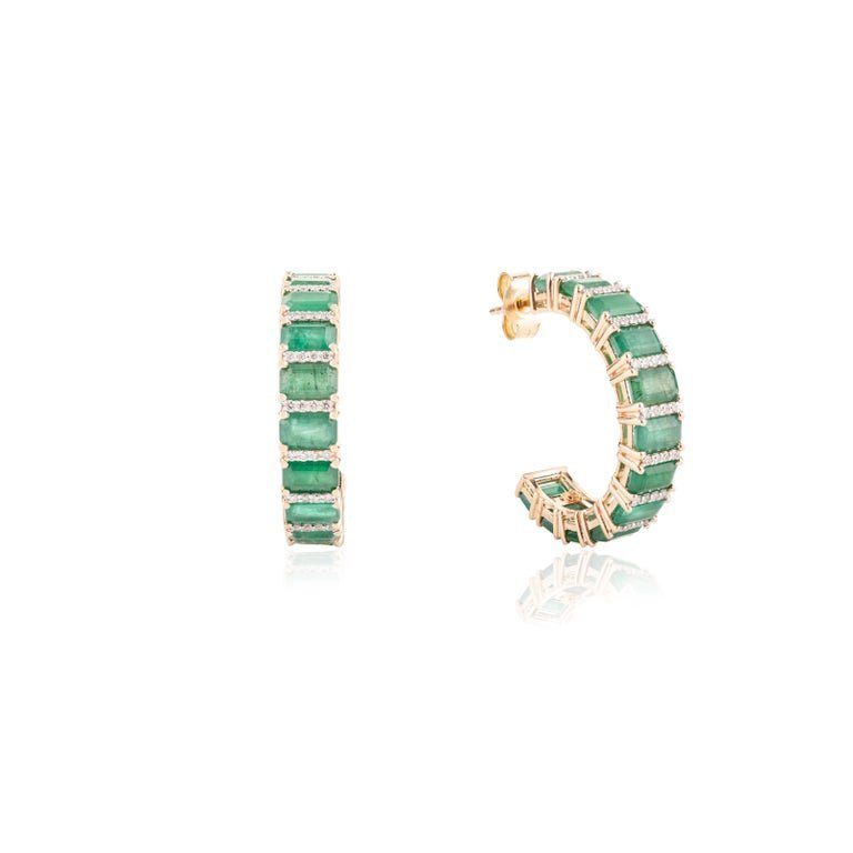 925 Sterling Silver Emerald Diamond Big Hoop Earrings