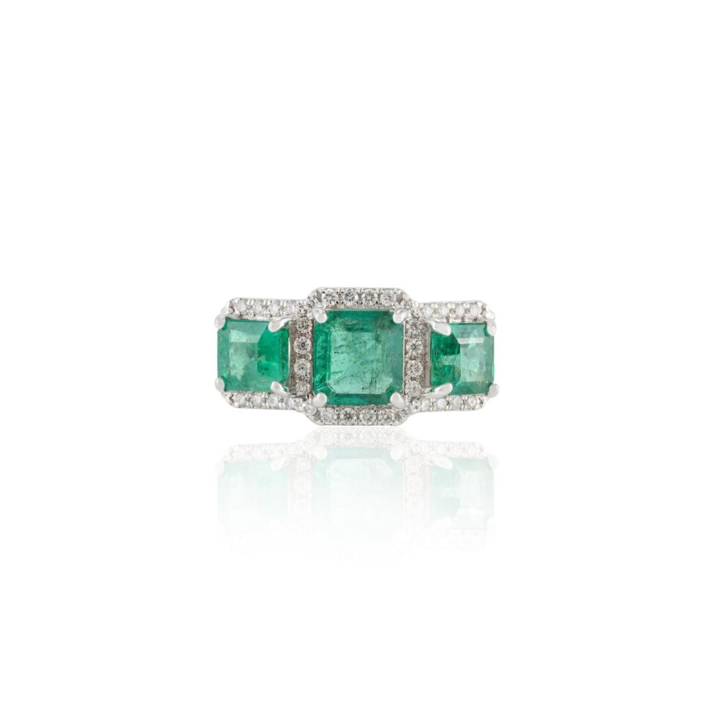 925 Sterling Silver Emerald Diamond Three Stone Ring
