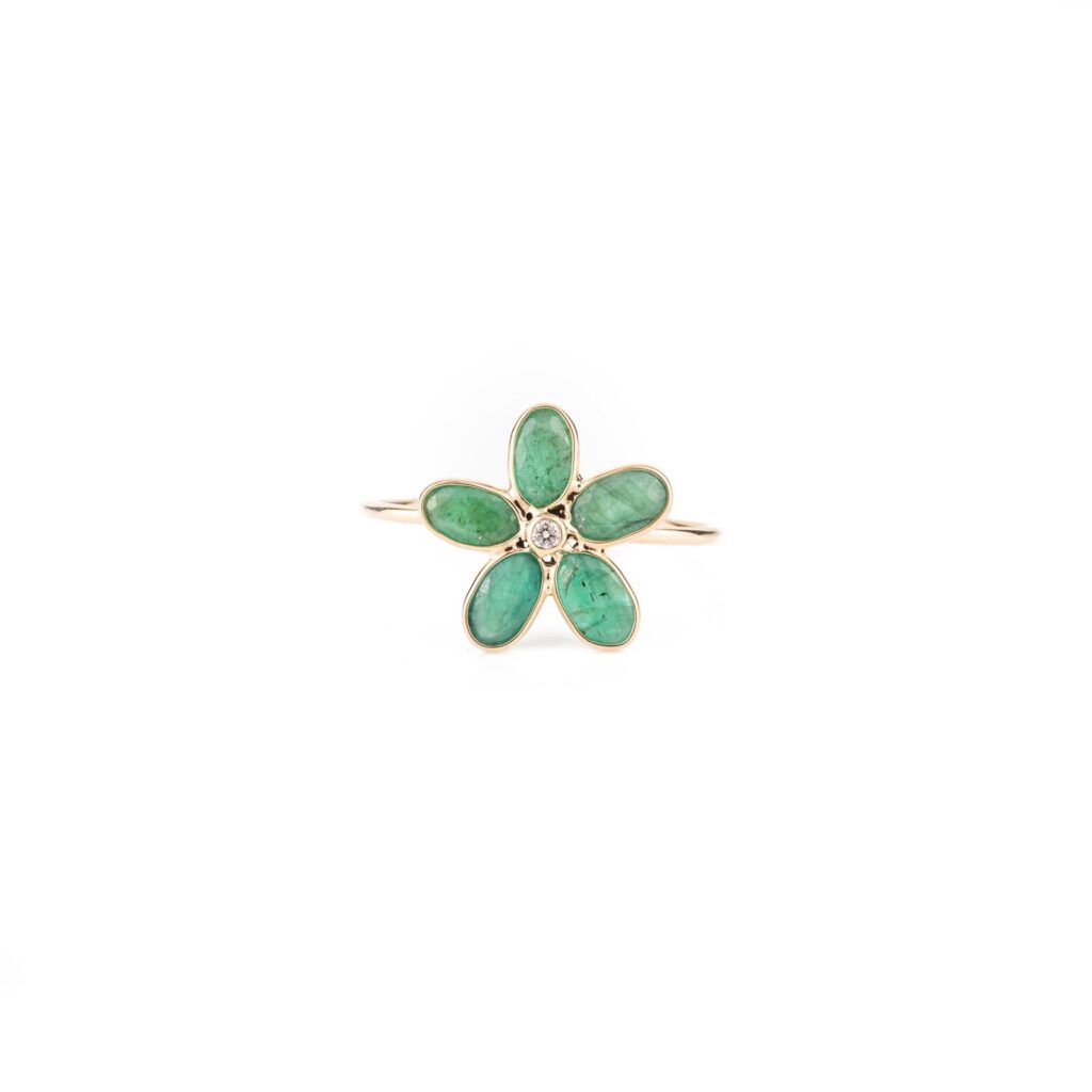 925 Sterling Silver Emerald Handmade Floral Diamond Ring