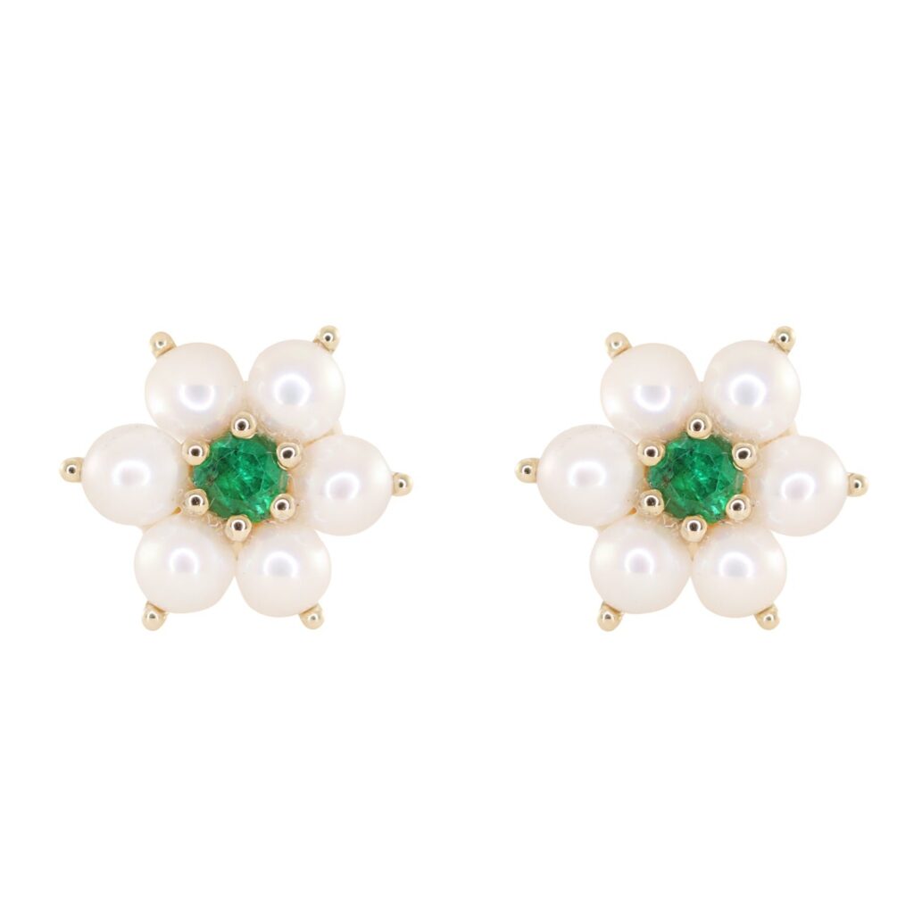 925 Sterling Silver Emerald Pearl Flower Stud