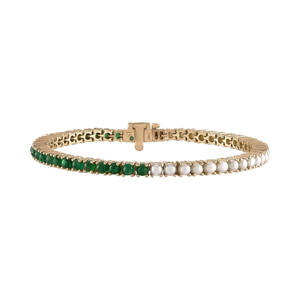 925 Sterling Silver Emerald Pearl Tennis Bracelet