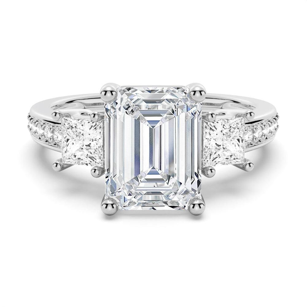 925 Sterling Silver Emerald Shaped Three Stone Diamond Engagement Ring