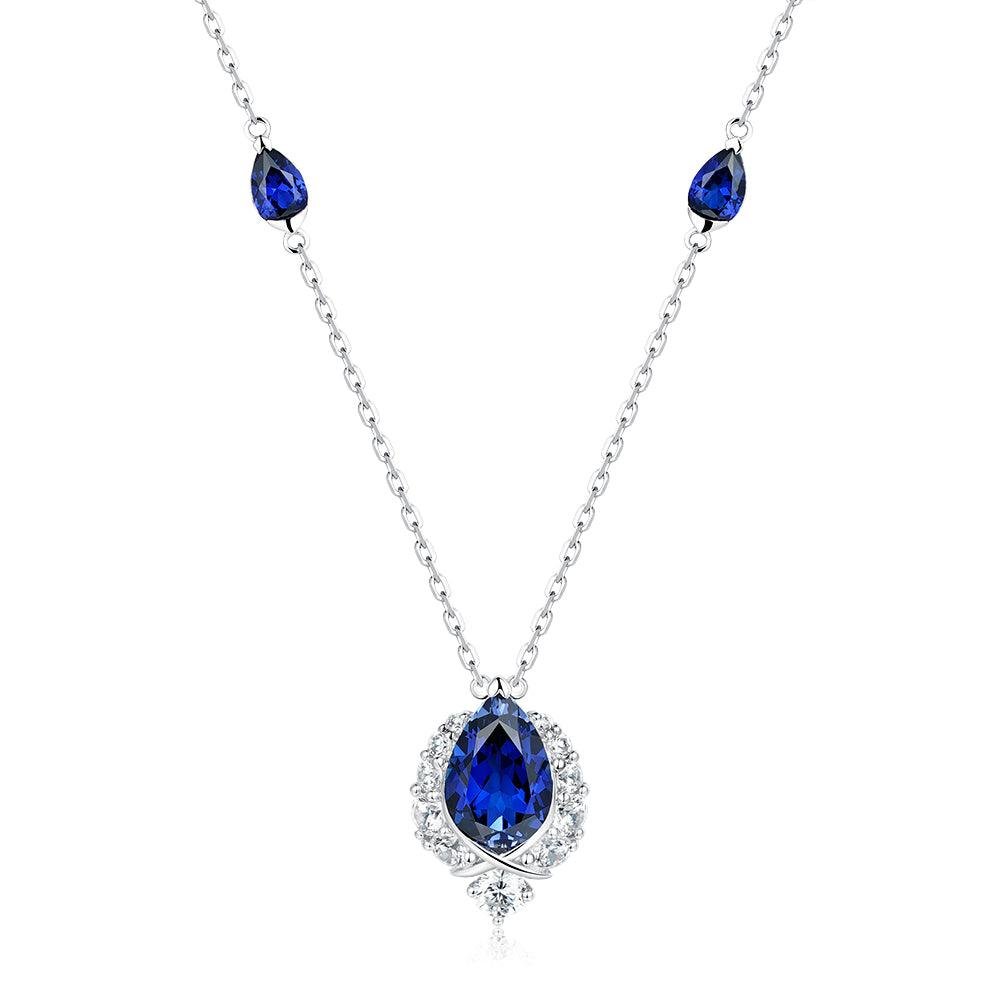 925 Sterling Silver "endless Blue" 5.41 Ctw. Pear Shaped Sapphire Diamond Necklace