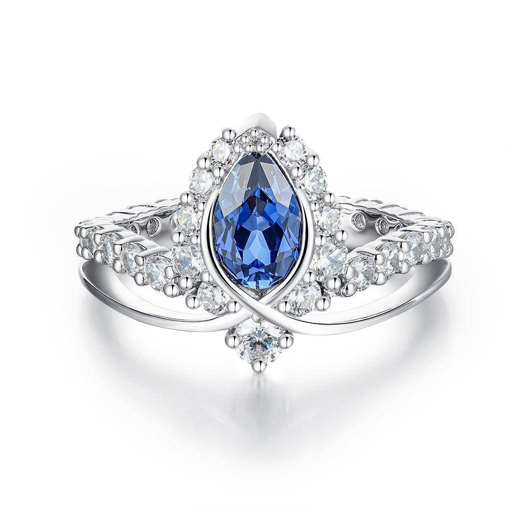 925 Sterling Silver "endless Blue" Luxe Crown Pear Shaped Sapphire Diamond Ring