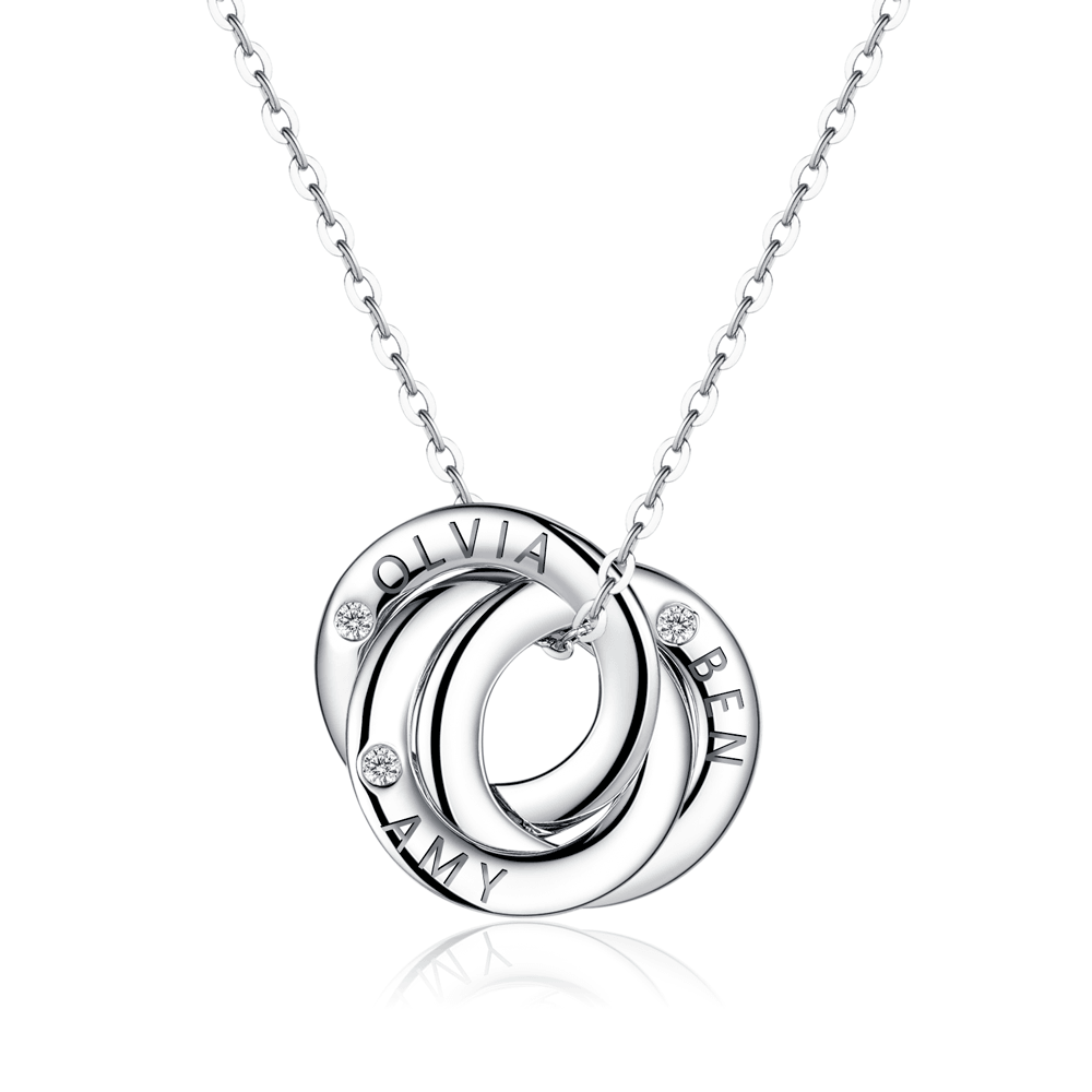 925 Sterling Silver Engraved 3 Interlocking Russian Rings Necklace Diamond Pendant