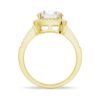 Gold-plated ring highlighting the halo-framed centre setting