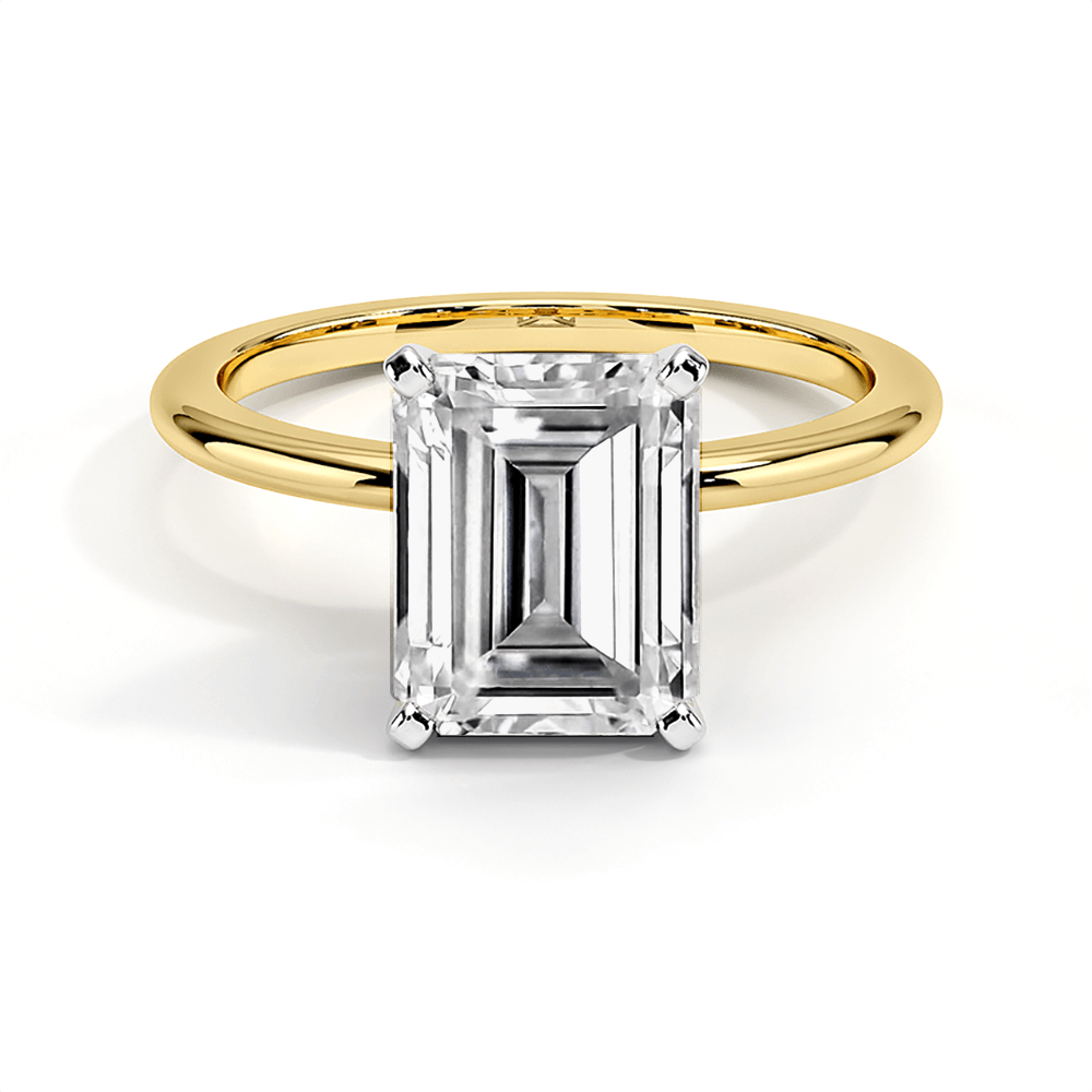 925 Sterling Silver Four Prong Two Tone Solitaire Emerald Cut Diamond Engagement Ring