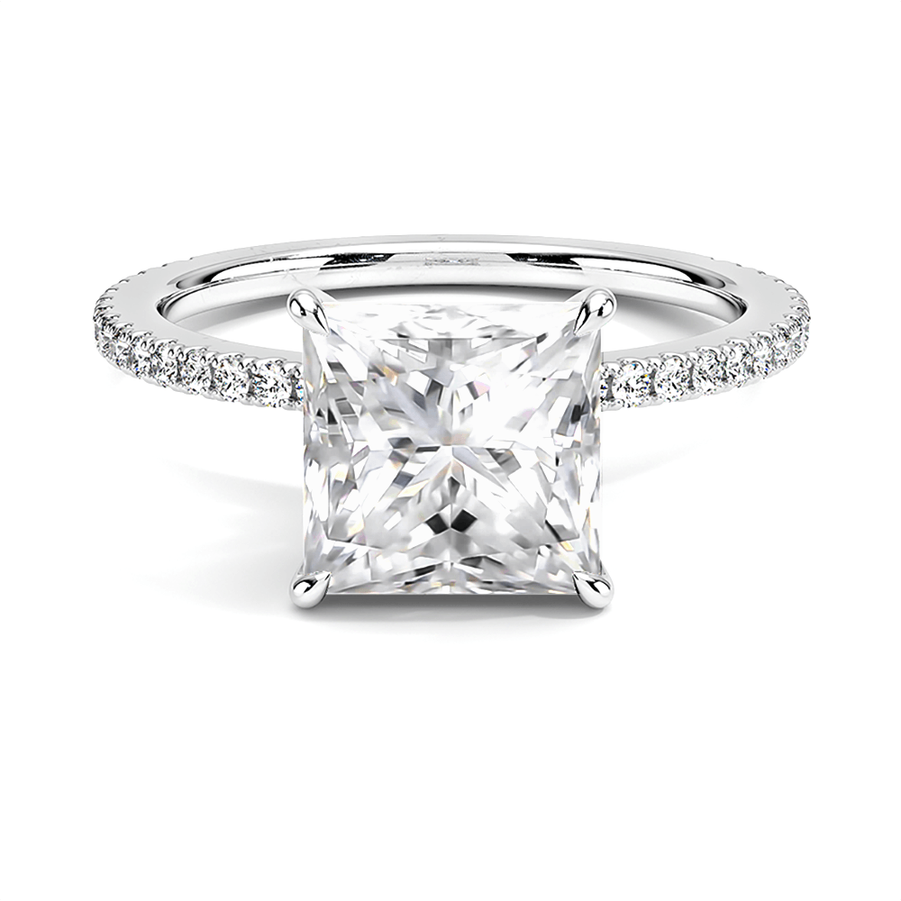 925 Sterling Silver French Pave Princess Cut Diamond Engagement Ring Hidden Halo