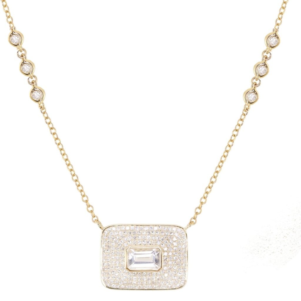 925 Sterling Silver Full Diamond Bezel Emerald Cut Necklace