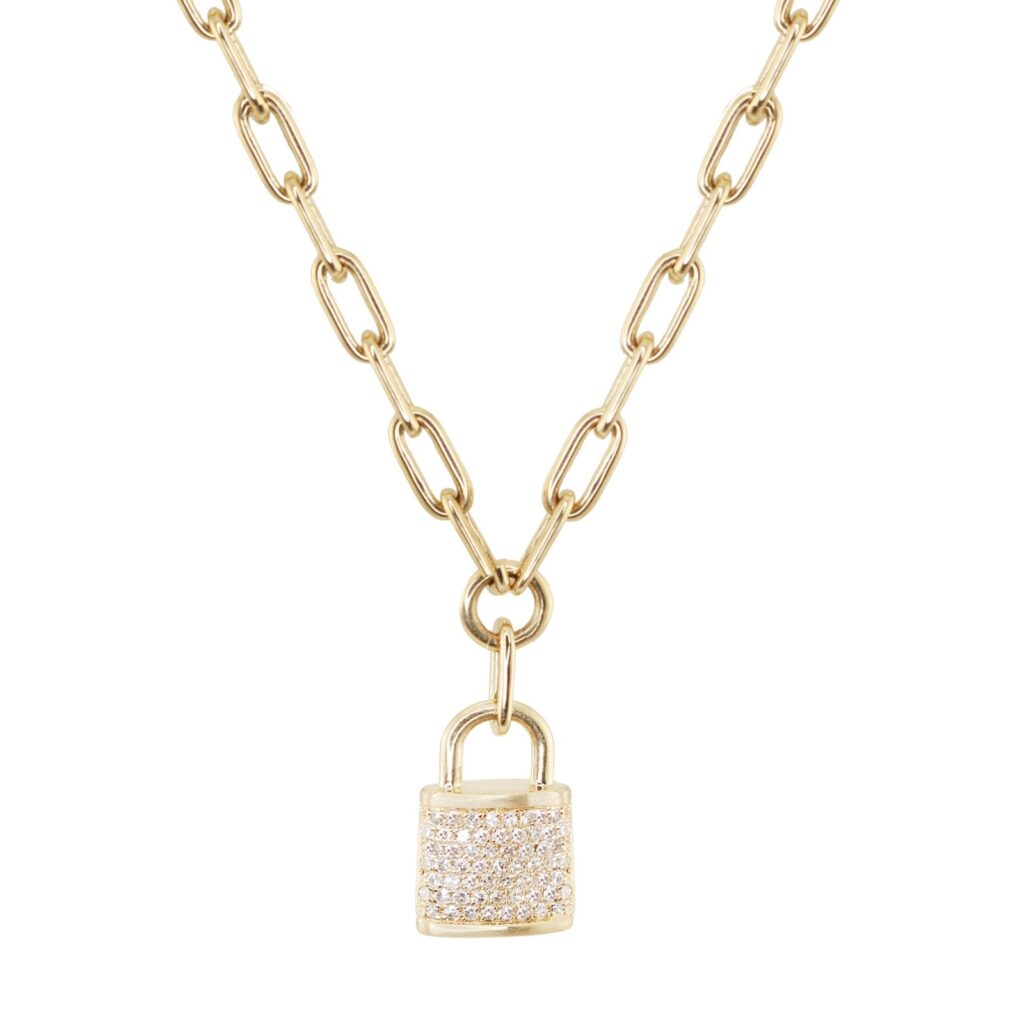 925 Sterling Silver Full Diamond Love Lock Necklace On Paperclip Chain