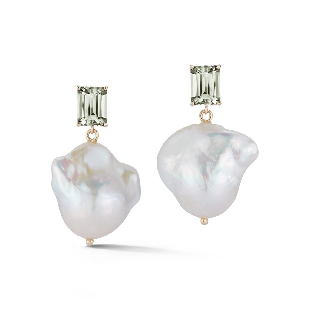 925 Sterling Silver Green Amethyst and Baroque Pearl Drop Earrings