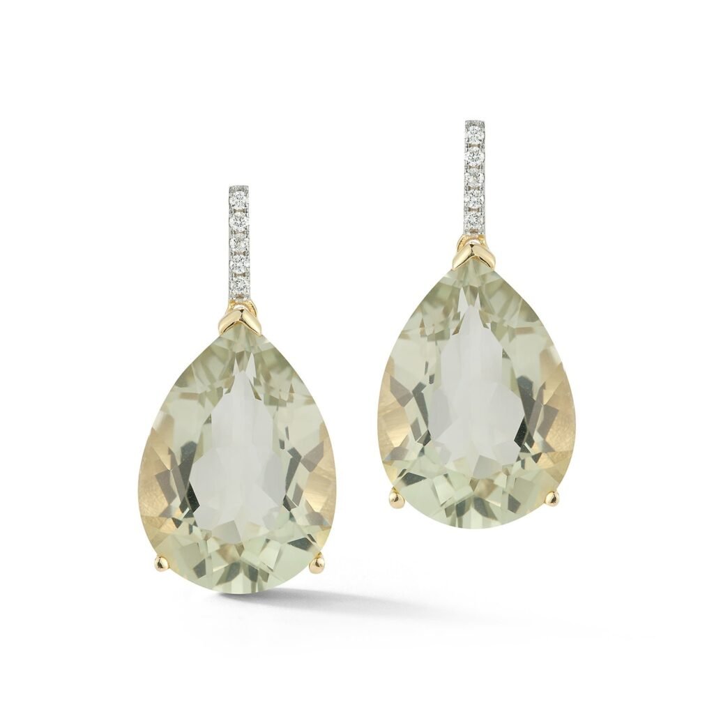 925 Sterling Silver Green Amethyst Pear Diamond Drop Earrings