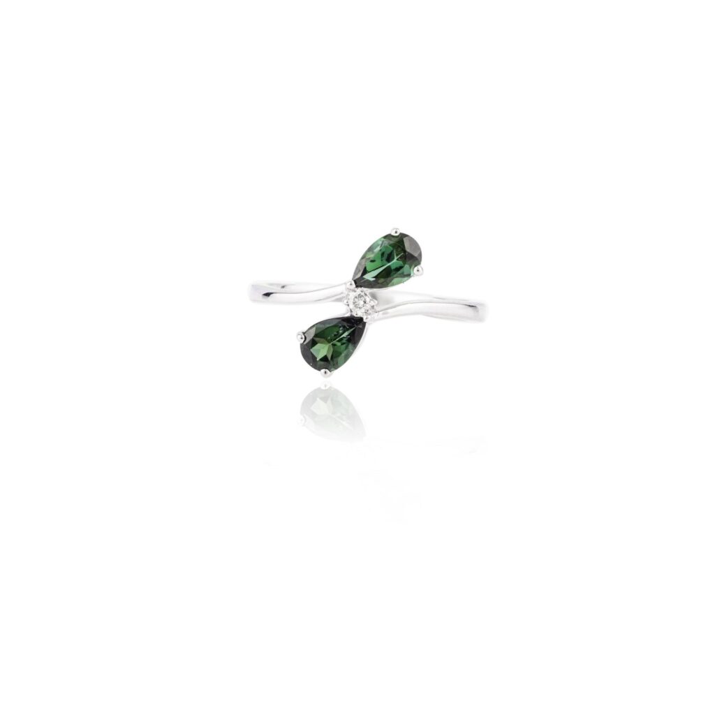 925 Sterling Silver Green Tourmaline Two Stone Diamond Ring