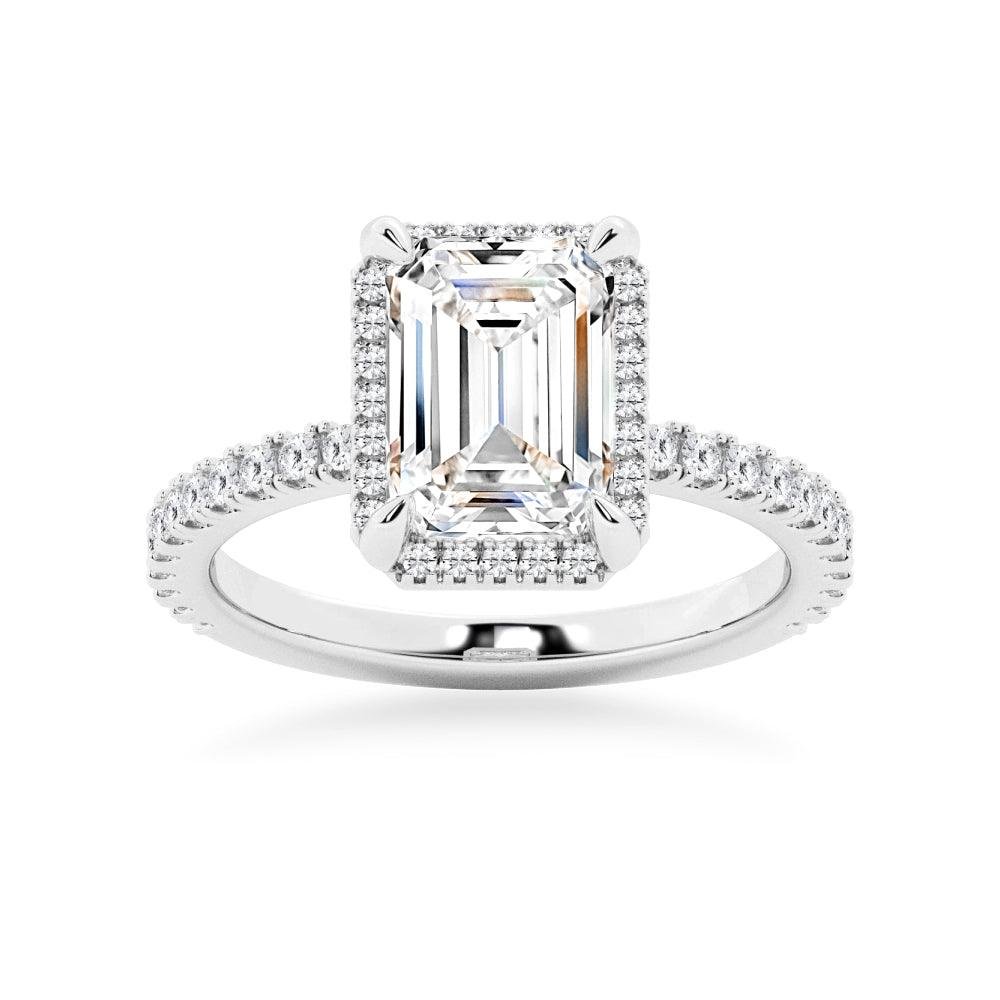 925 Sterling Silver Half Eternity Emerald Cut Diamond Halo Engagement Ring