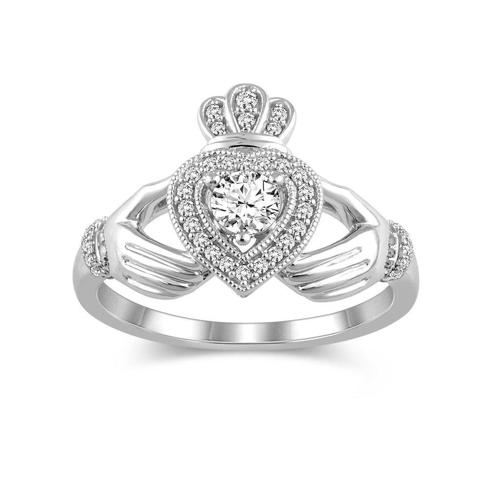 925 Sterling Silver Heart Crown Round Diamond Engagement Ring Hugging Hands