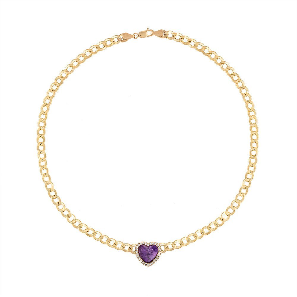 925 Sterling Silver Heart Shaped Amethyst Diamond Halo Chain Choker