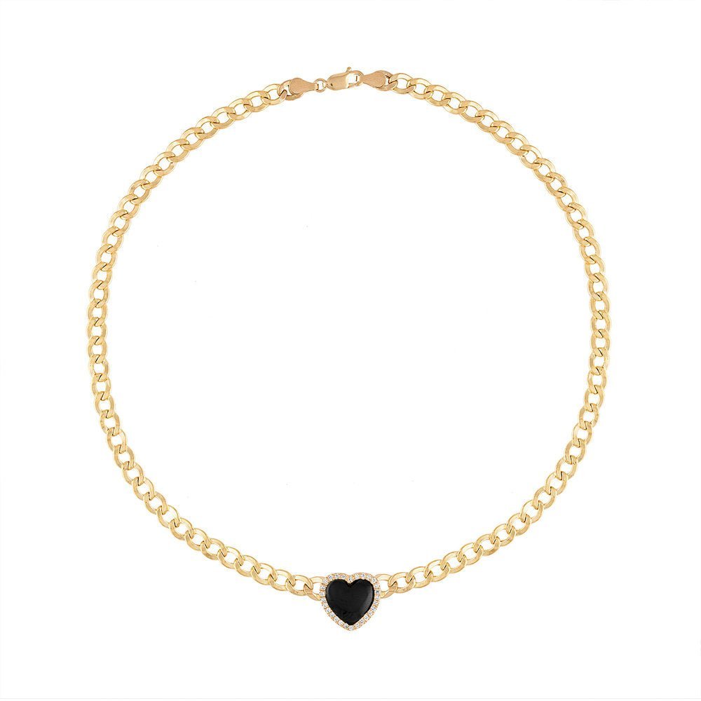 925 Sterling Silver Heart Shaped Onyx Diamond Halo Chain Choker