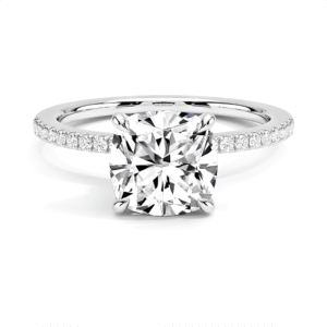 Cushion cut engagement ring with hidden halo and pave band