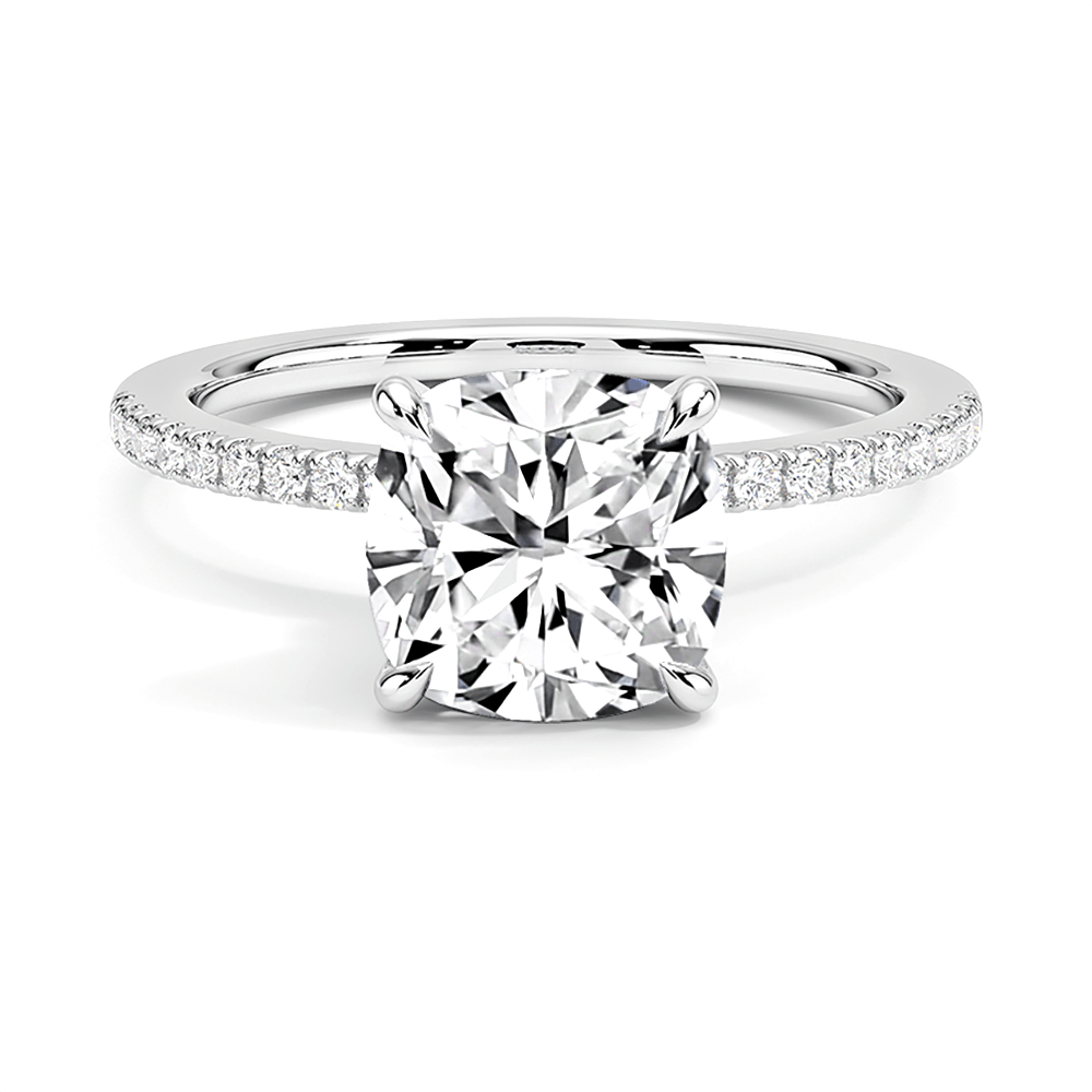 925 Sterling Silver Hidden Halo Cushion Cut Diamond Engagement Ring Pave Band