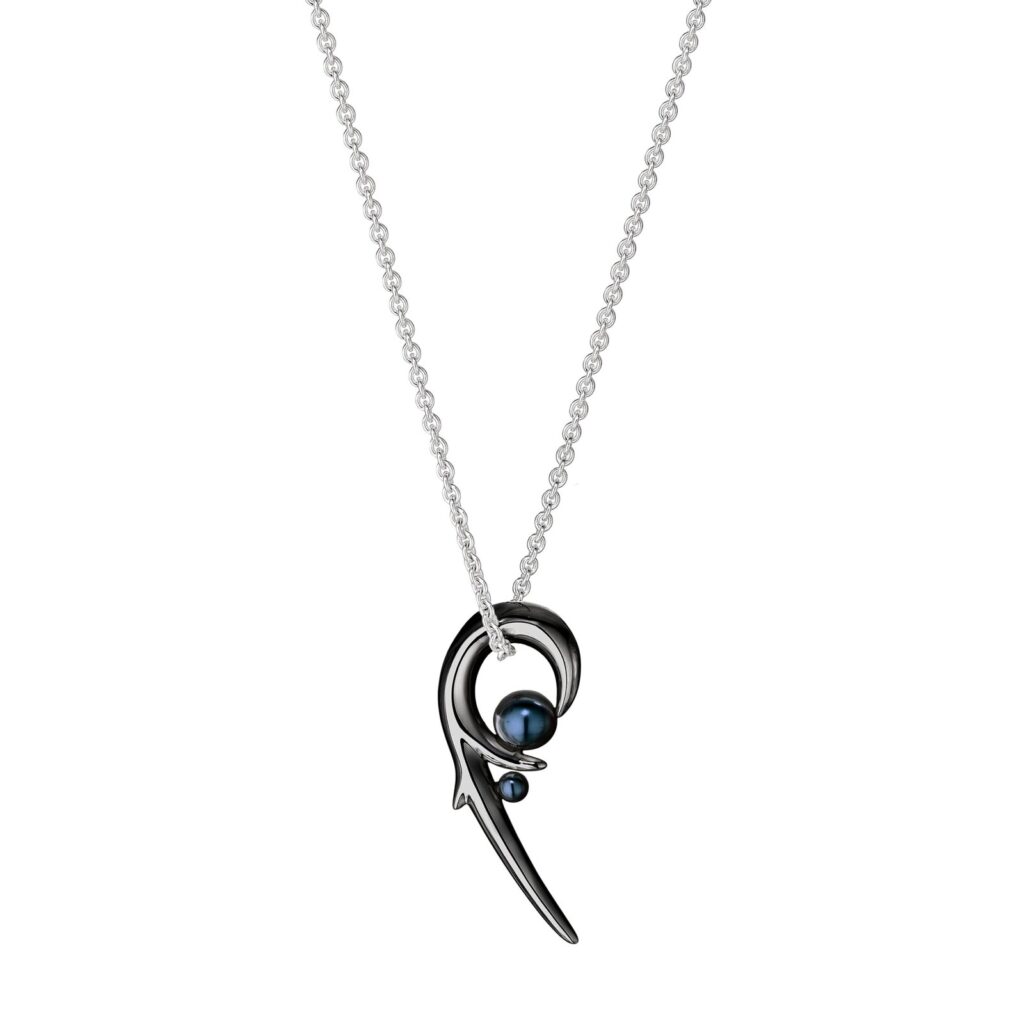 925 Sterling Silver Hooked Pearl Pendant and Black Pearl