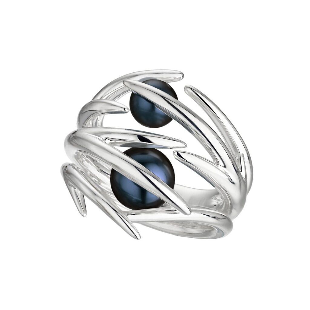 925 Sterling Silver Hooked Pearl Ring and Black Pearl