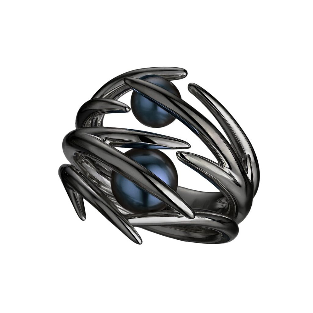 925 Sterling Silver Hooked Pearl Ring and Black Pearl