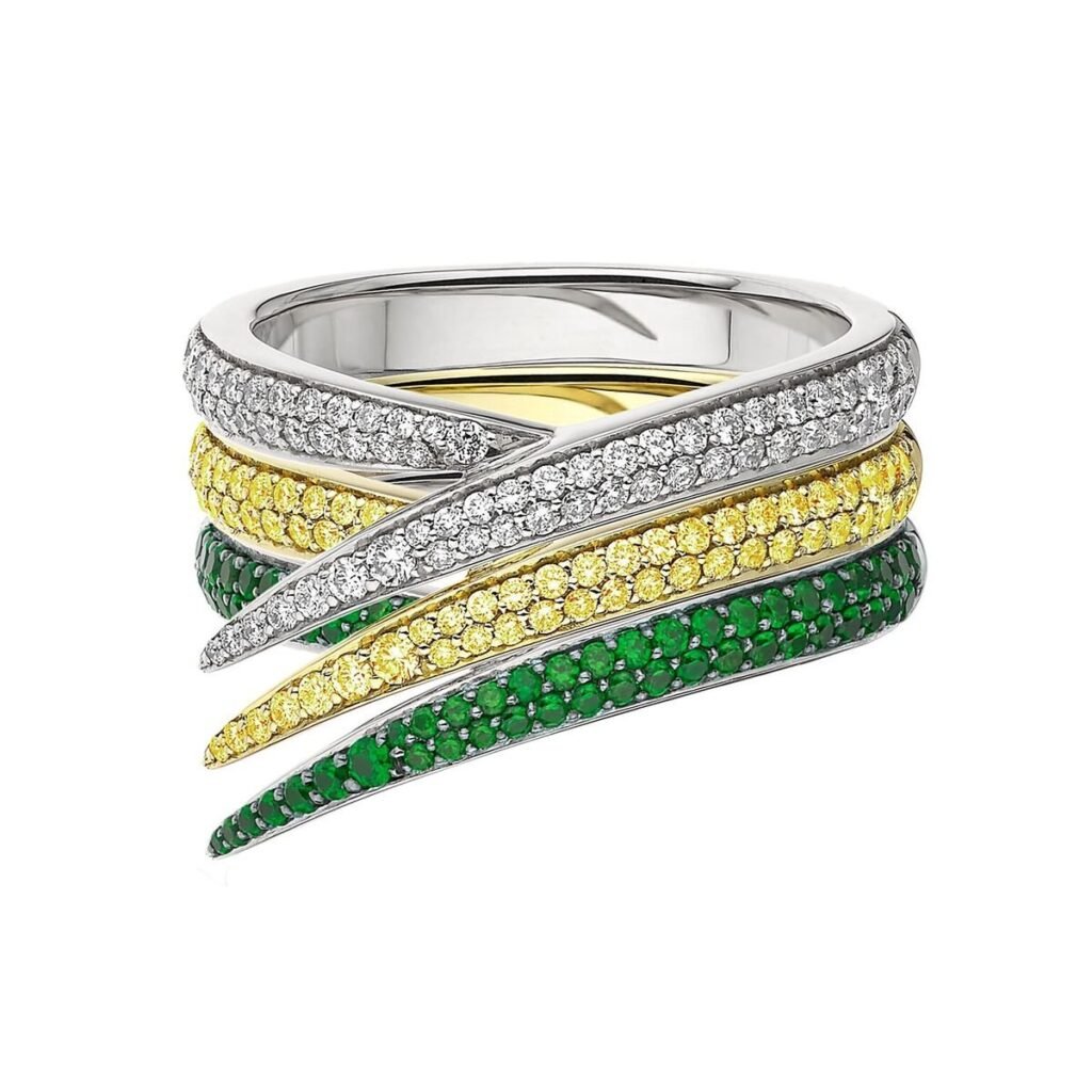 925 Sterling Silver Interlocking Stacked Ring 18CT White and Diamond Yellow Sapphire and Tsavorite