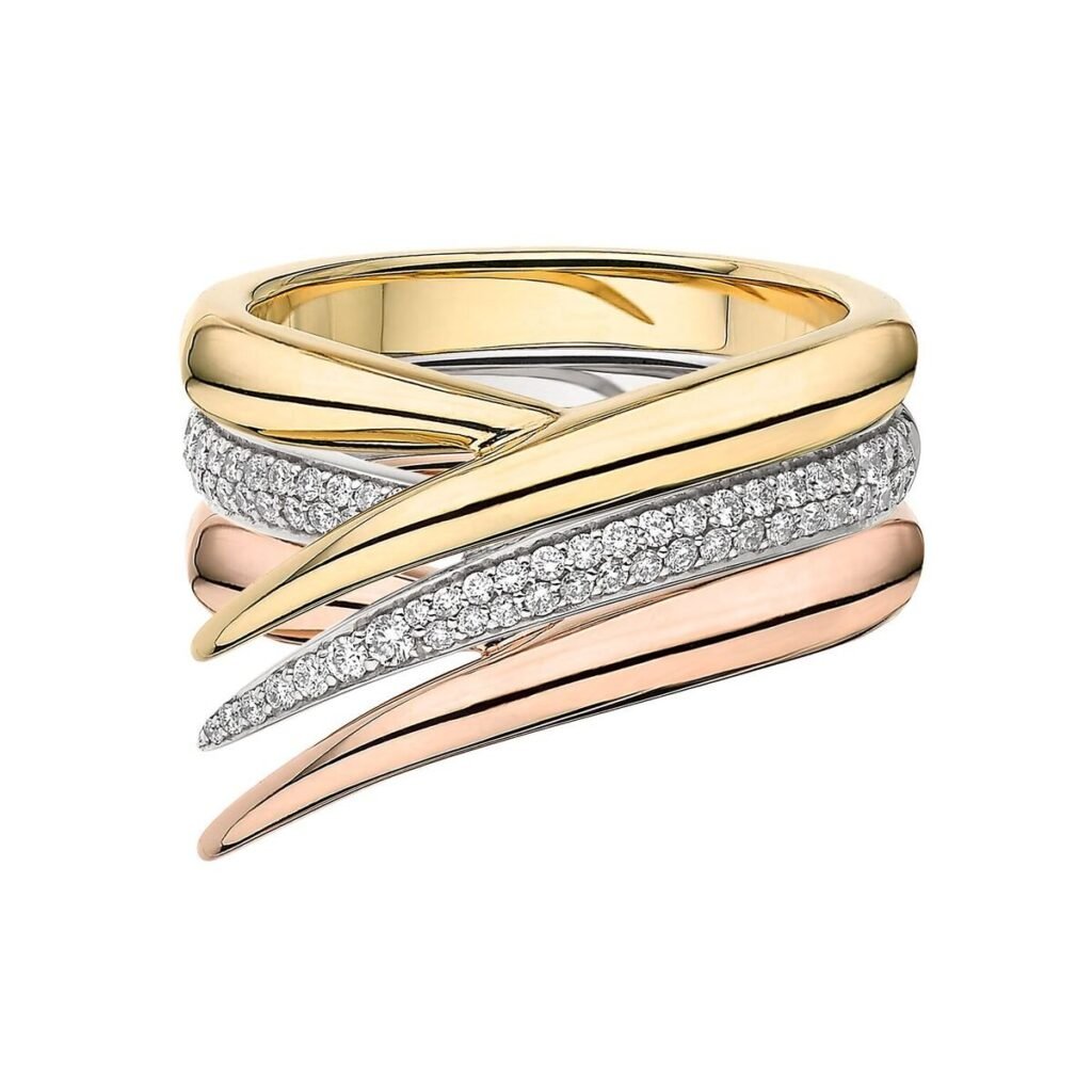 925 Sterling Silver Interlocking Stacked Ring 18CT Yellow Rose and Diamond