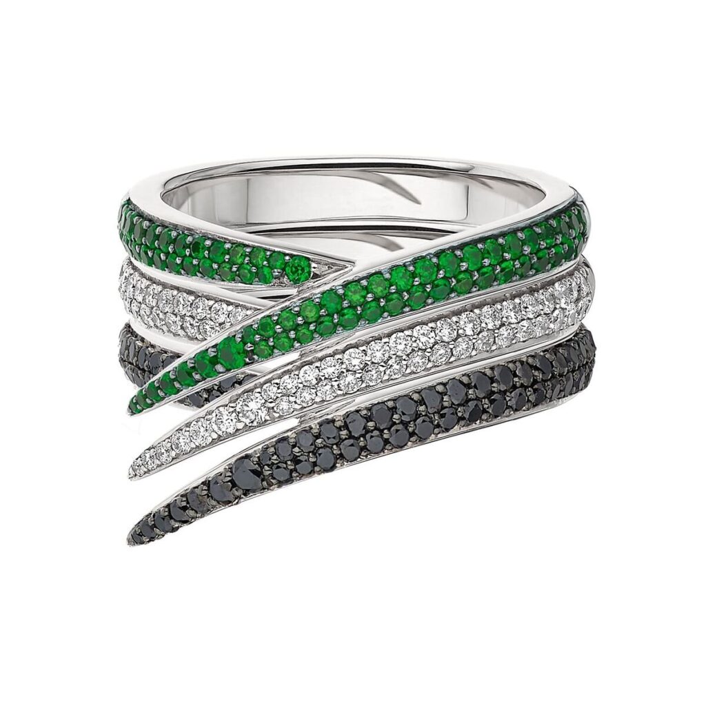 925 Sterling Silver Interlocking Stacked Ring and Black Diamond and Tsavorite
