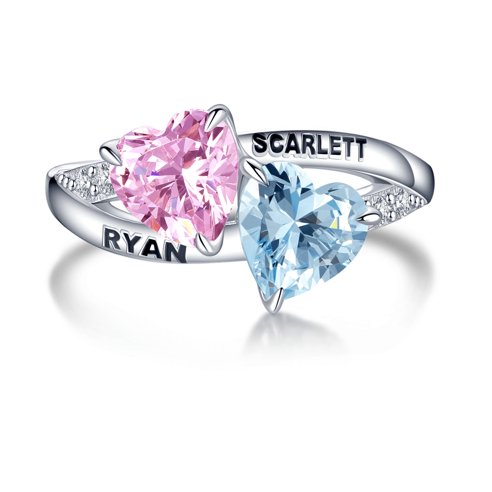 925 Sterling Silver "intimate" Toi Et Moi Pink and Sky Blue Heart Ring