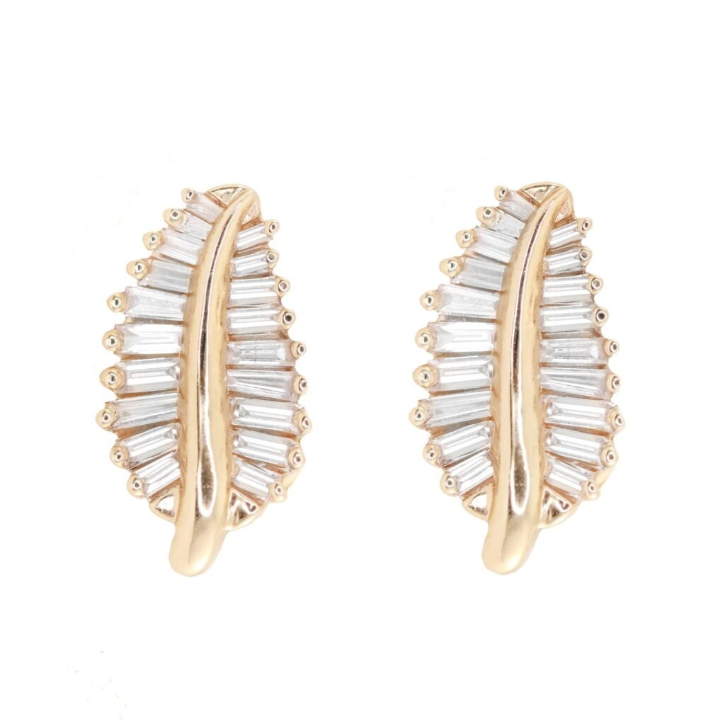 925 Sterling Silver Large Baguette Diamond Leaf Stud Earrings