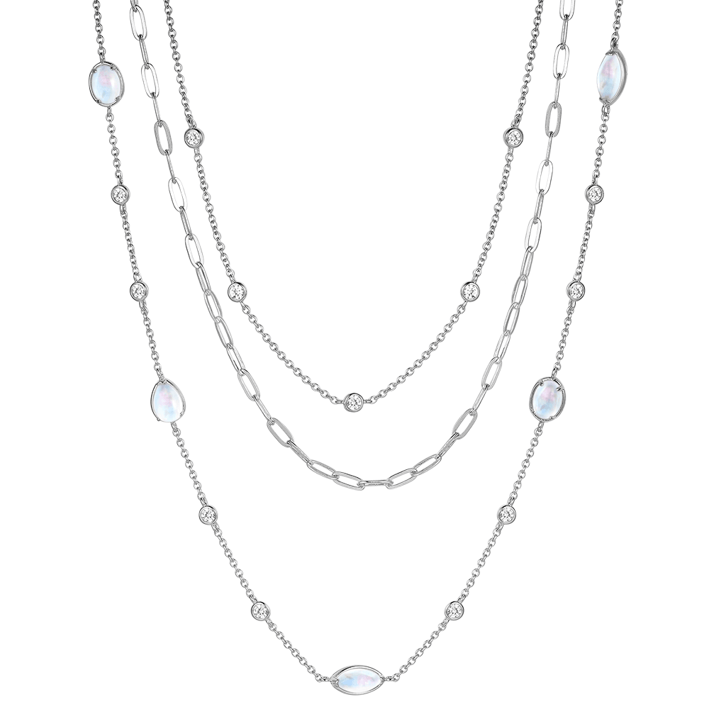 925 Sterling Silver Layered Multi Strand Moonstone Necklaces White Sapphire