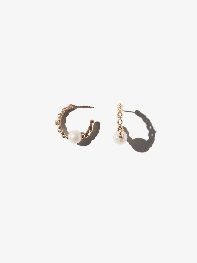 925 Sterling Silver Link Pearl and Diamond Hoop