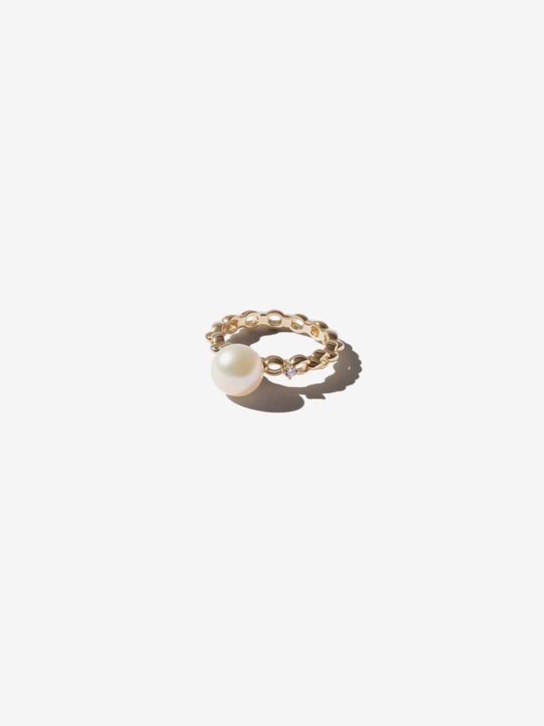 925 Sterling Silver Link Pearl and Diamond Solitaire Ring