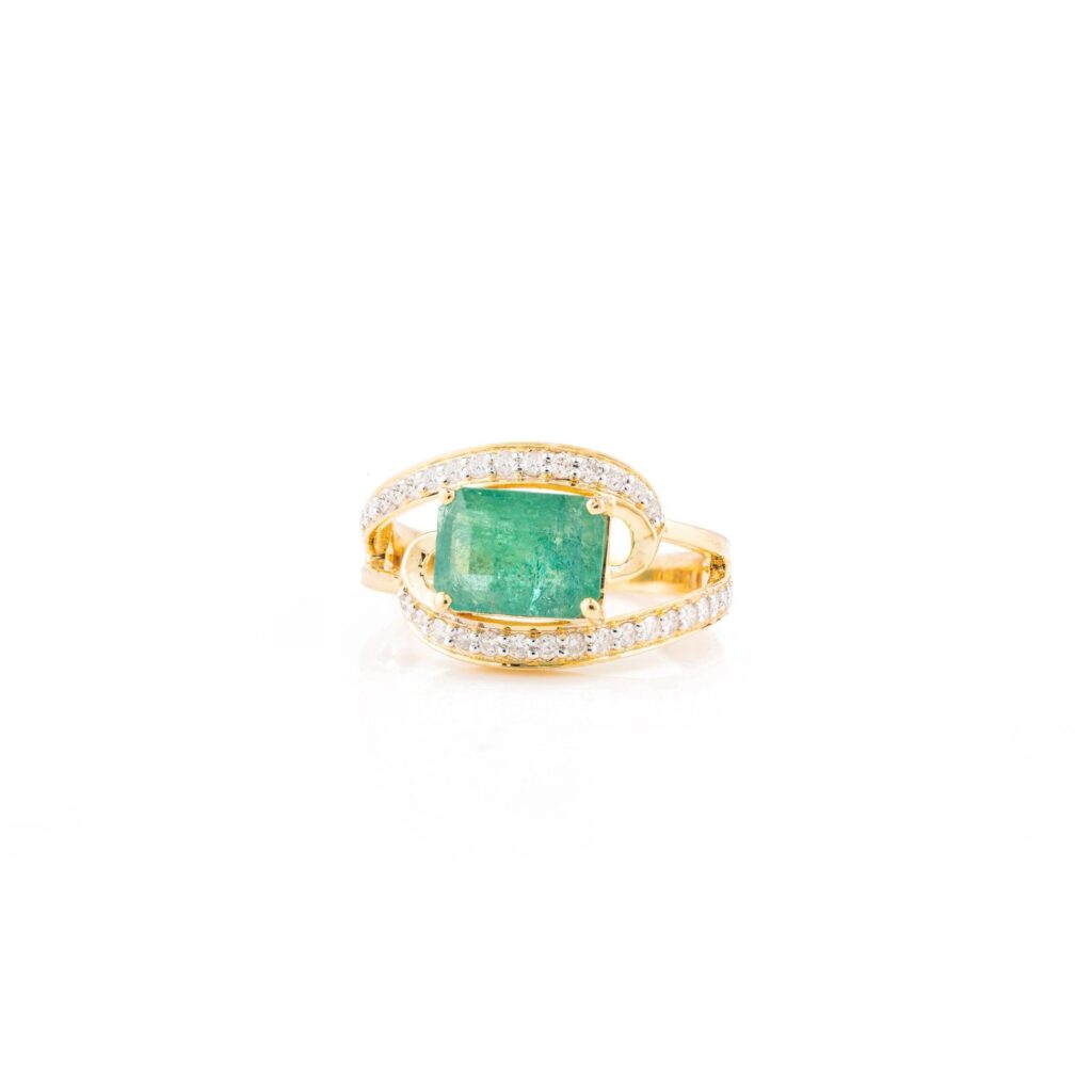 925 Sterling Silver Magnificent Emerald and Diamond Bypass Ring