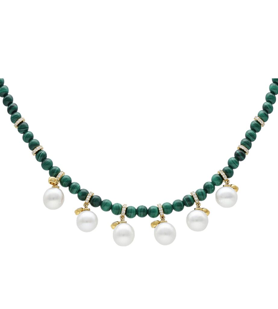 925 Sterling Silver Malachite Perlee Diamond Pearl Necklace
