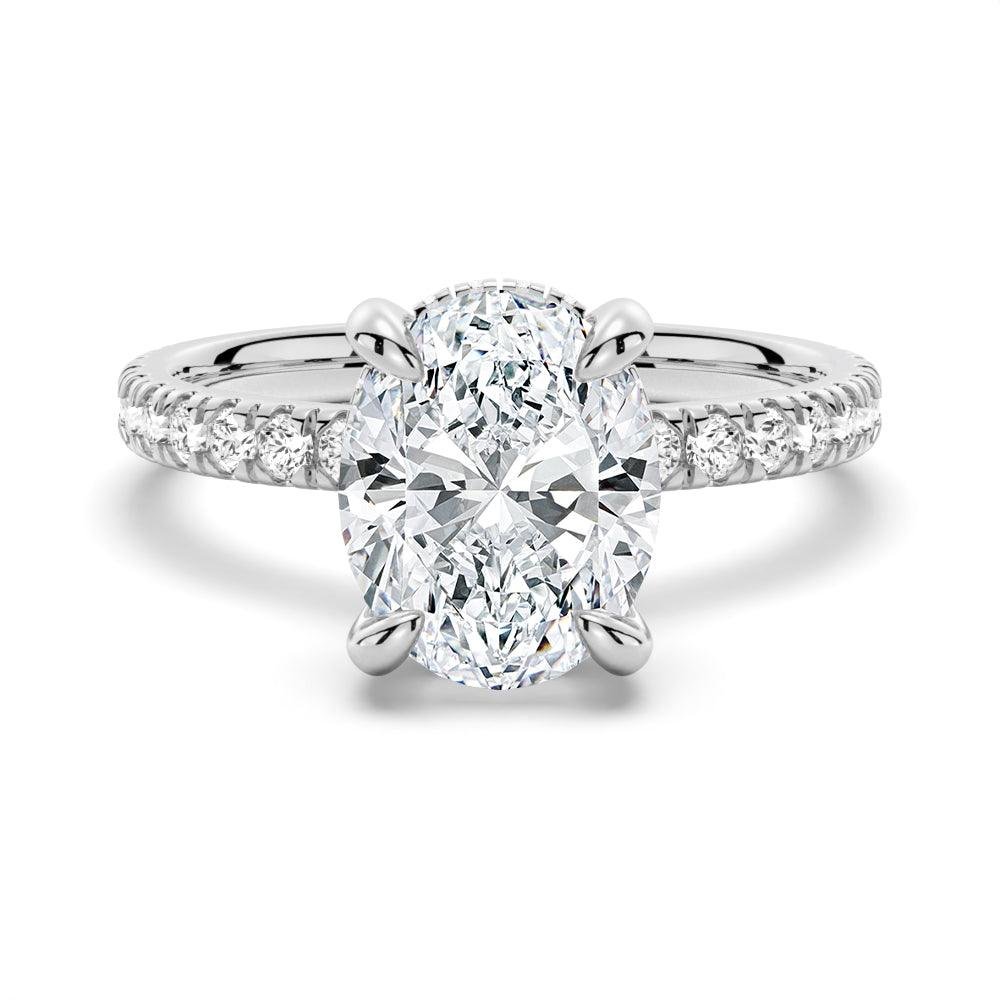 925 Sterling Silver Micropave Oval Diamond Engagement Ring Hidden Halo