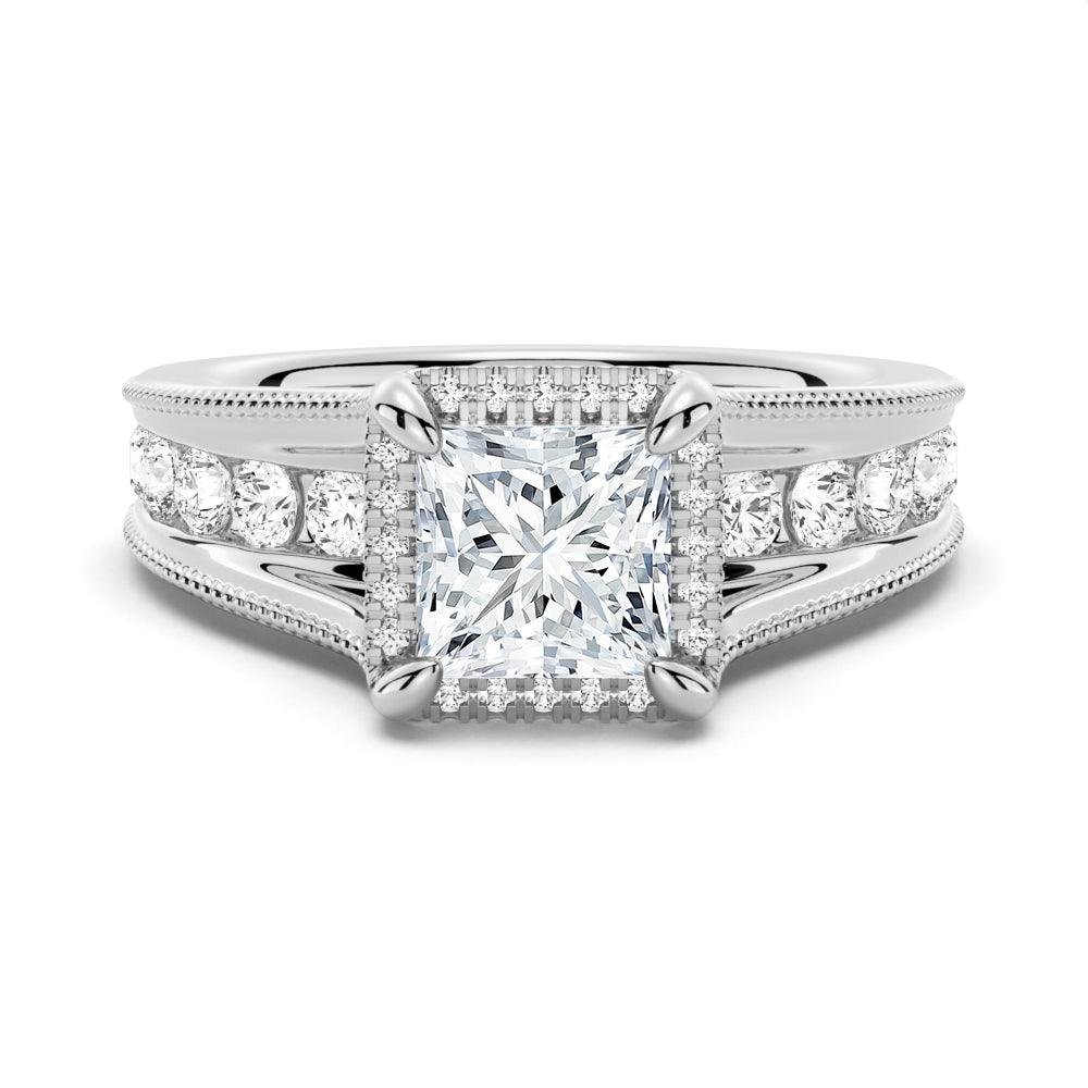 925 Sterling Silver Milgrain Vintage Princess Cut and Round Diamond Engagement Ring