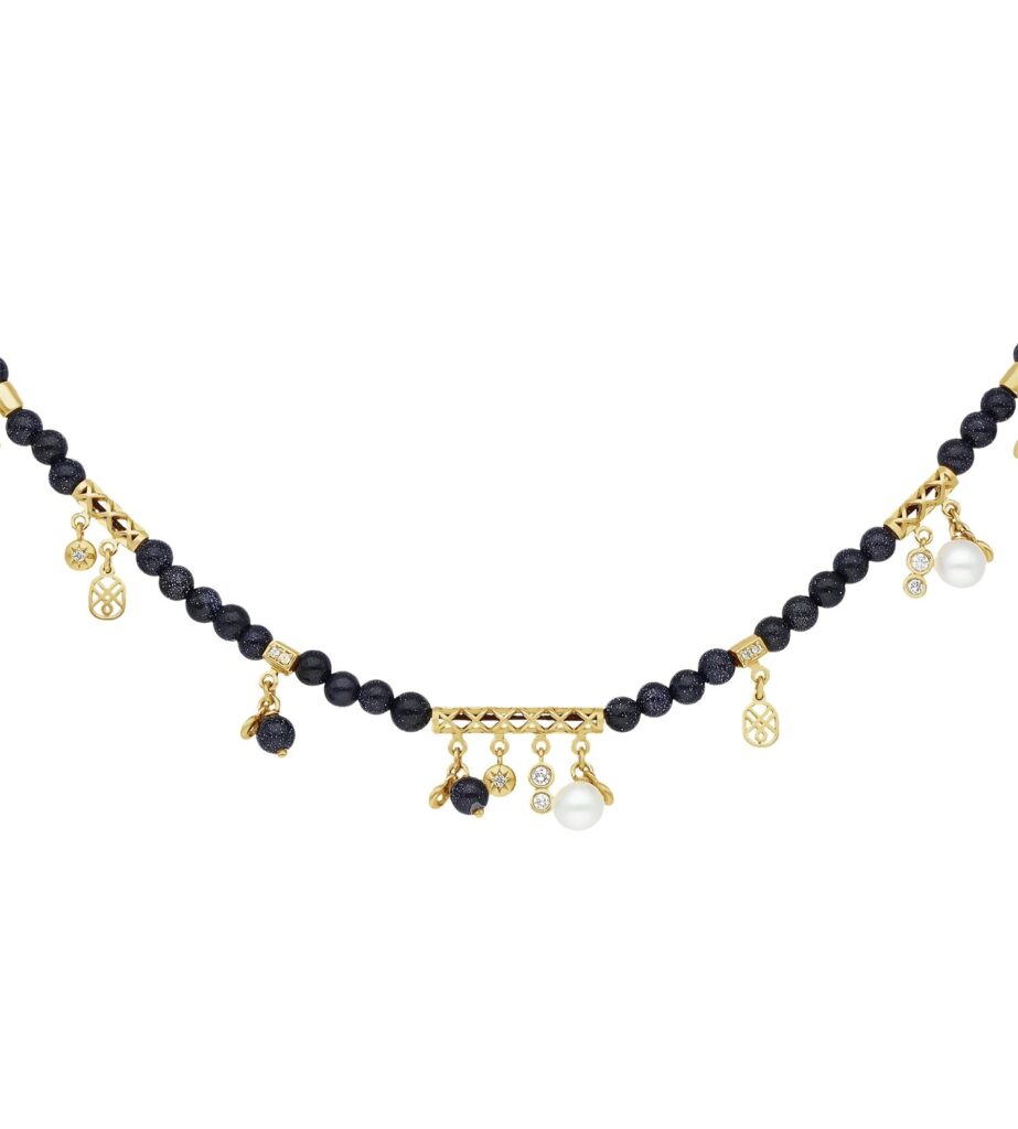925 Sterling Silver Mira Blue Sandstone Diamond Pearl Necklace
