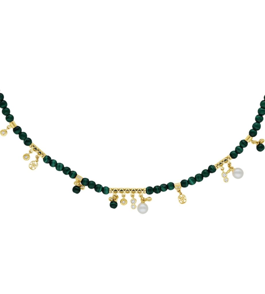 925 Sterling Silver Mira Malachite Diamond Pearl Necklace