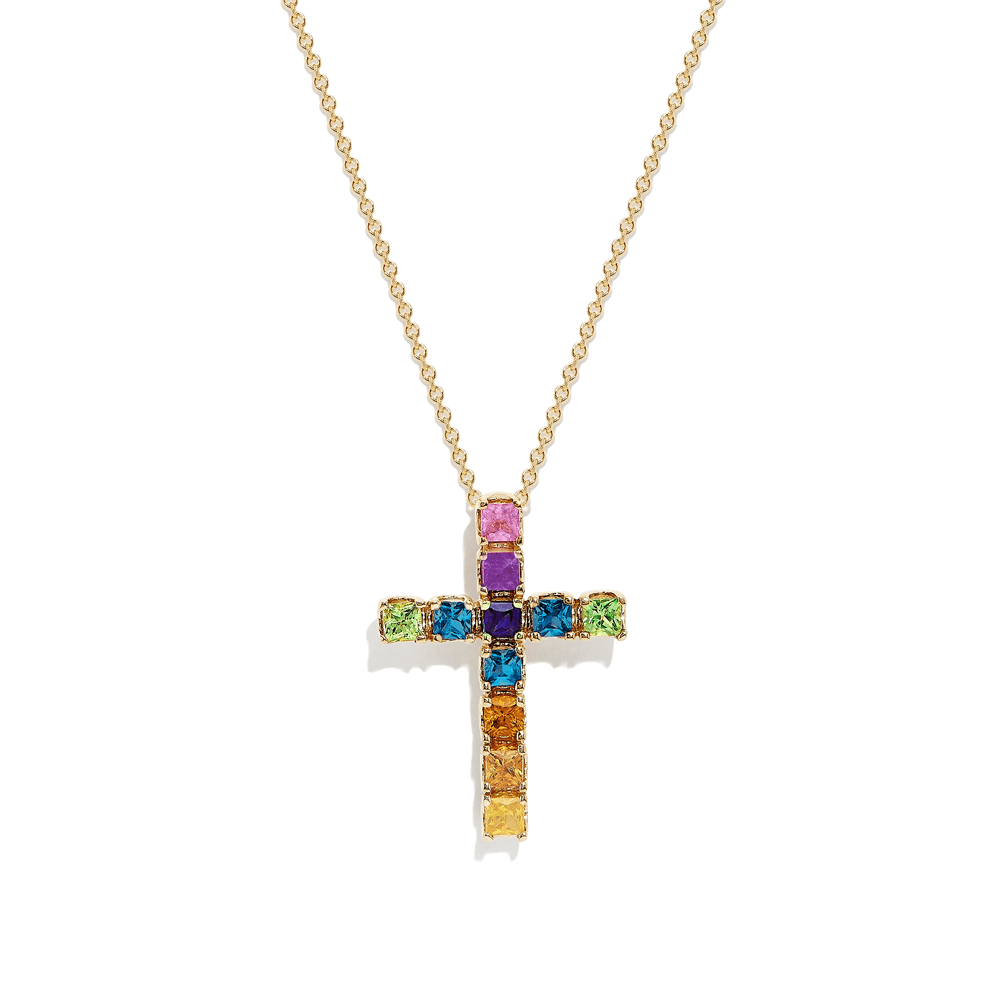 925 Sterling Silver Multi Color Square Rainbow Cross Necklace Pendant