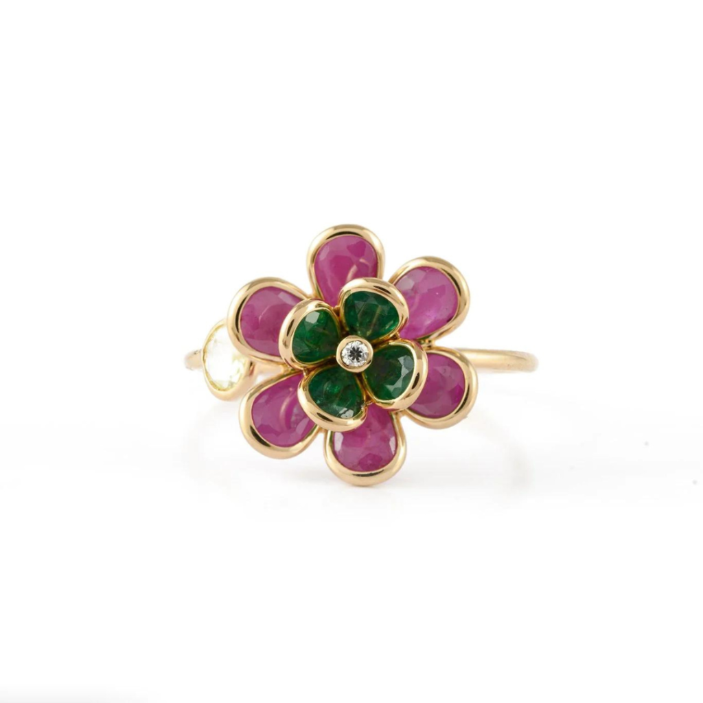 925 Sterling Silver Multi Precious Flower Diamond Ring