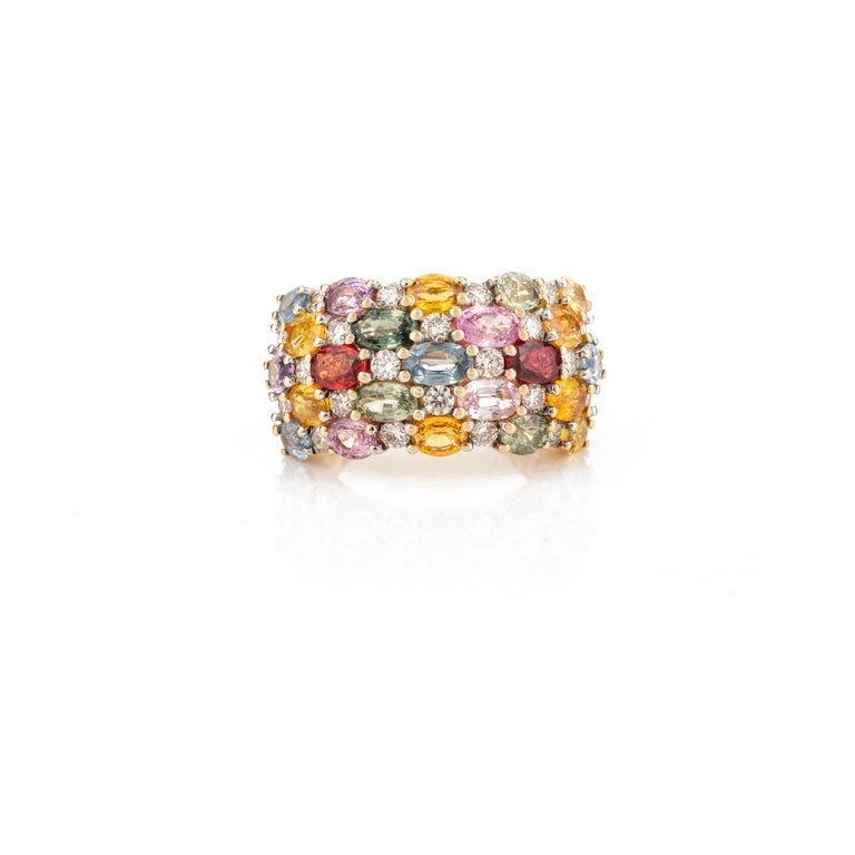 925 Sterling Silver Multi Sapphire Diamond Band Ring